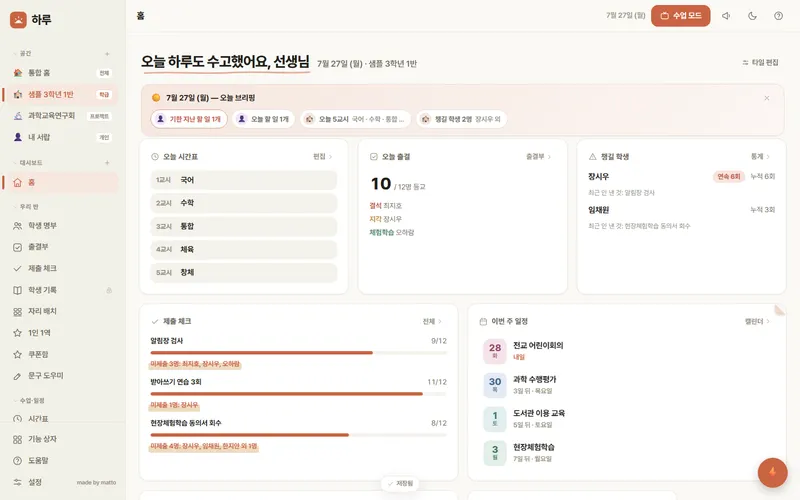 하루 — 홈 대시보드 화면